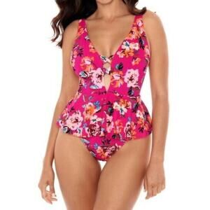 Skinny Dippers HOT HOUSE PINK Too Too Plunge Skirt One Piece Swimsuit Small New